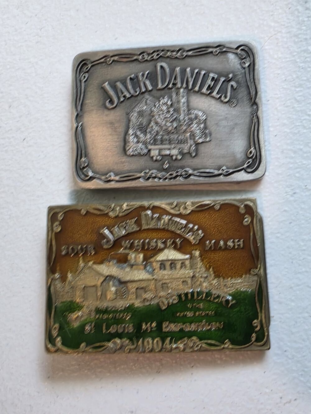Lot of 2 Jack Daniel's Belt Buckles Lynchburg TN Distillery 1994 & 2006 JD Brass